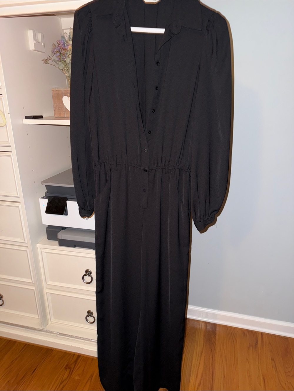 Black Long Sleeve Button-Front Jumpsuit